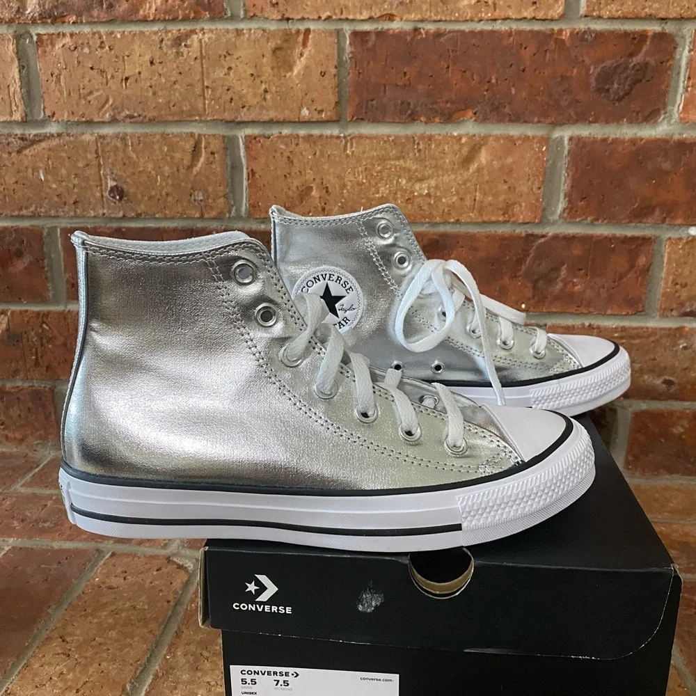Converse Silver High Top Sneakers with White Soles - Picture 4 of 6